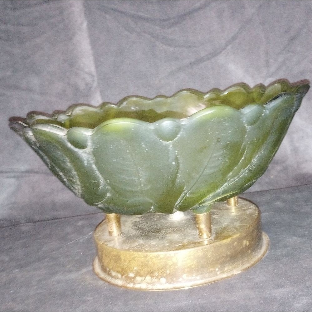 Vintage MCM Green Frosted Glass Bowl with Brass Base 9 In X 5 In